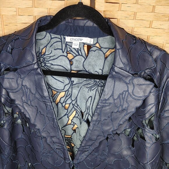 Chico's Faux Leather Laser Cut Floral Blazer Navy XL 16 - Picture 4 of 13